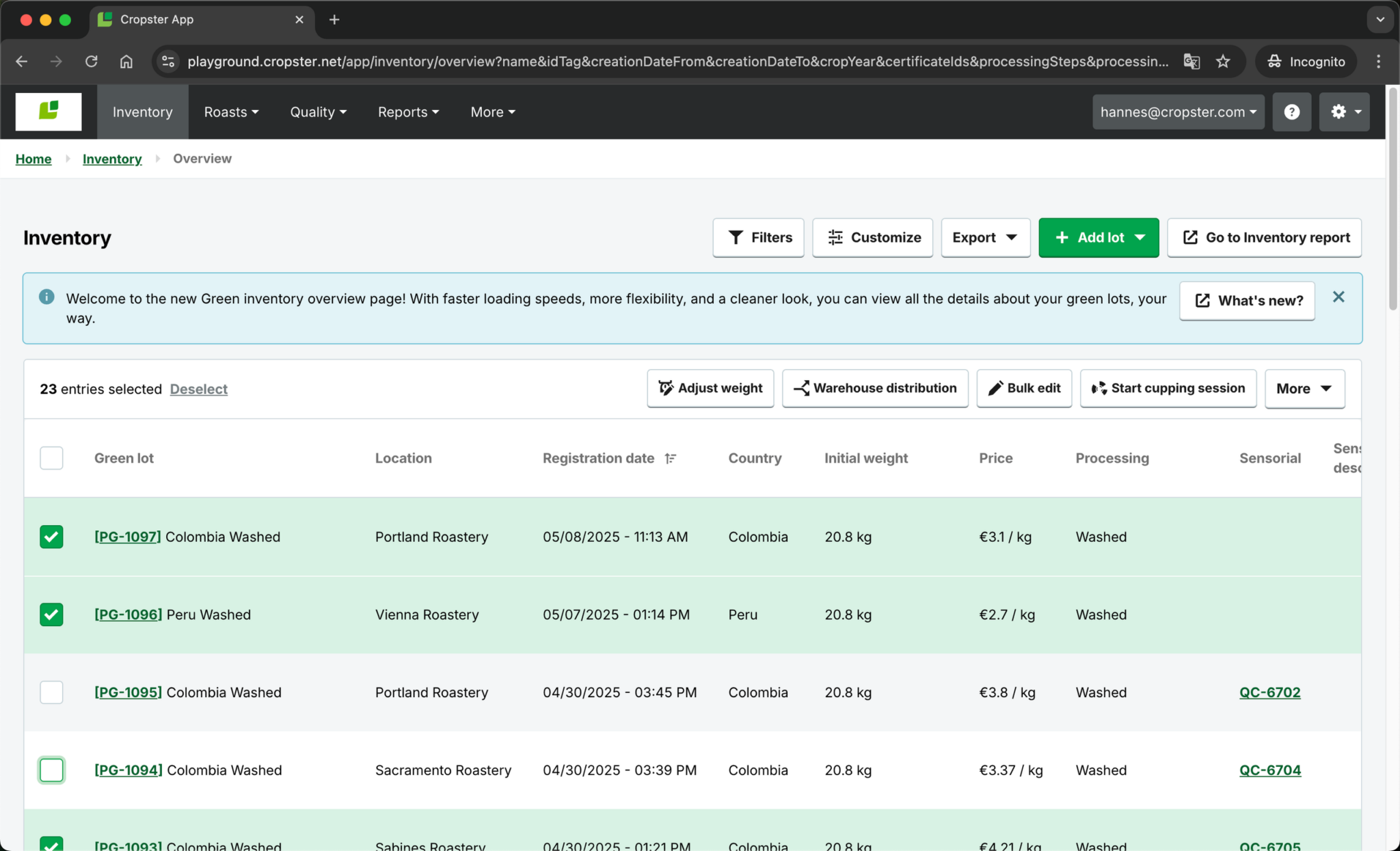 Cropster's New Green Inventory Overview